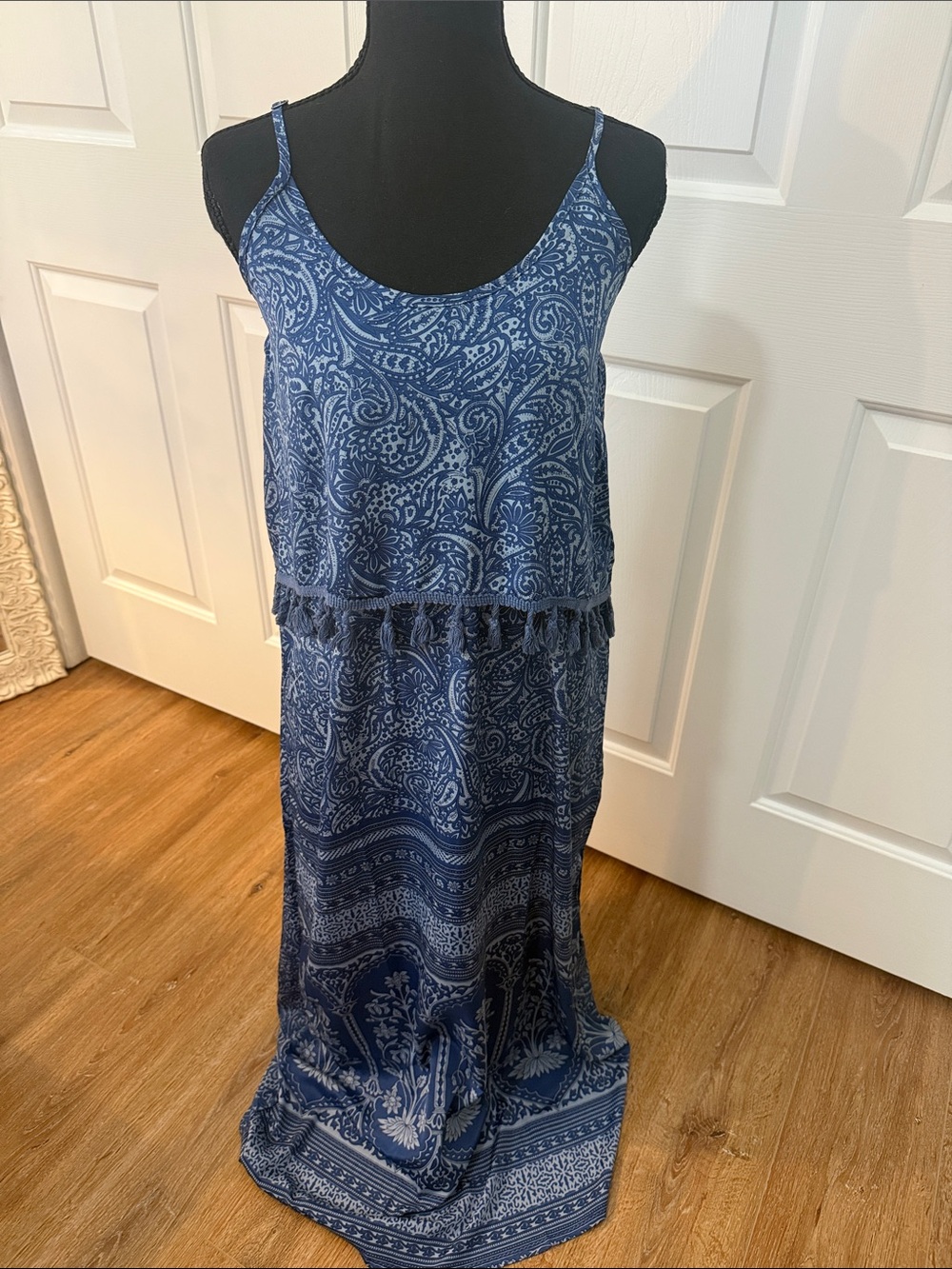 EARTHBOUND Blue Paisley Sundress Women’s M Boho Fringe Trim Maxi